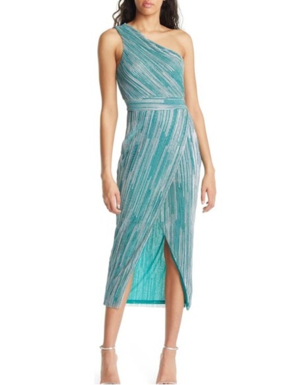 Saylor Alorna metallic pleat one-shoulder midi dress in a jade green